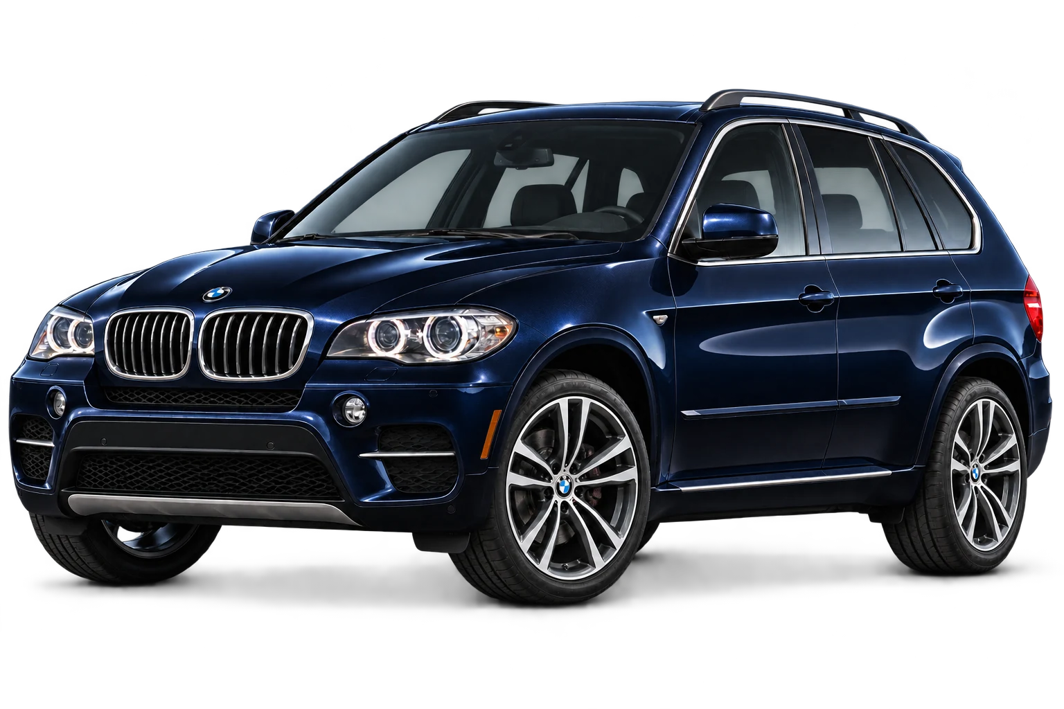 Illustrative dark-blue BMW X5, viewed from the front and side